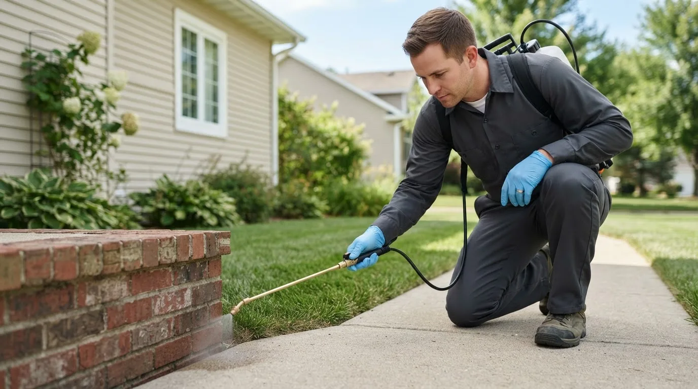 Pest control technician treating a home near Manakin Sabot, VA